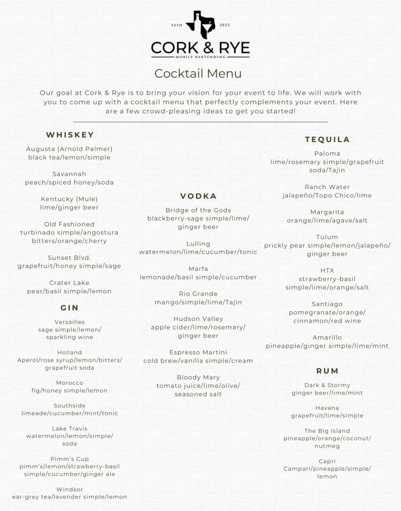 Cocktail Menu Cork & Rye